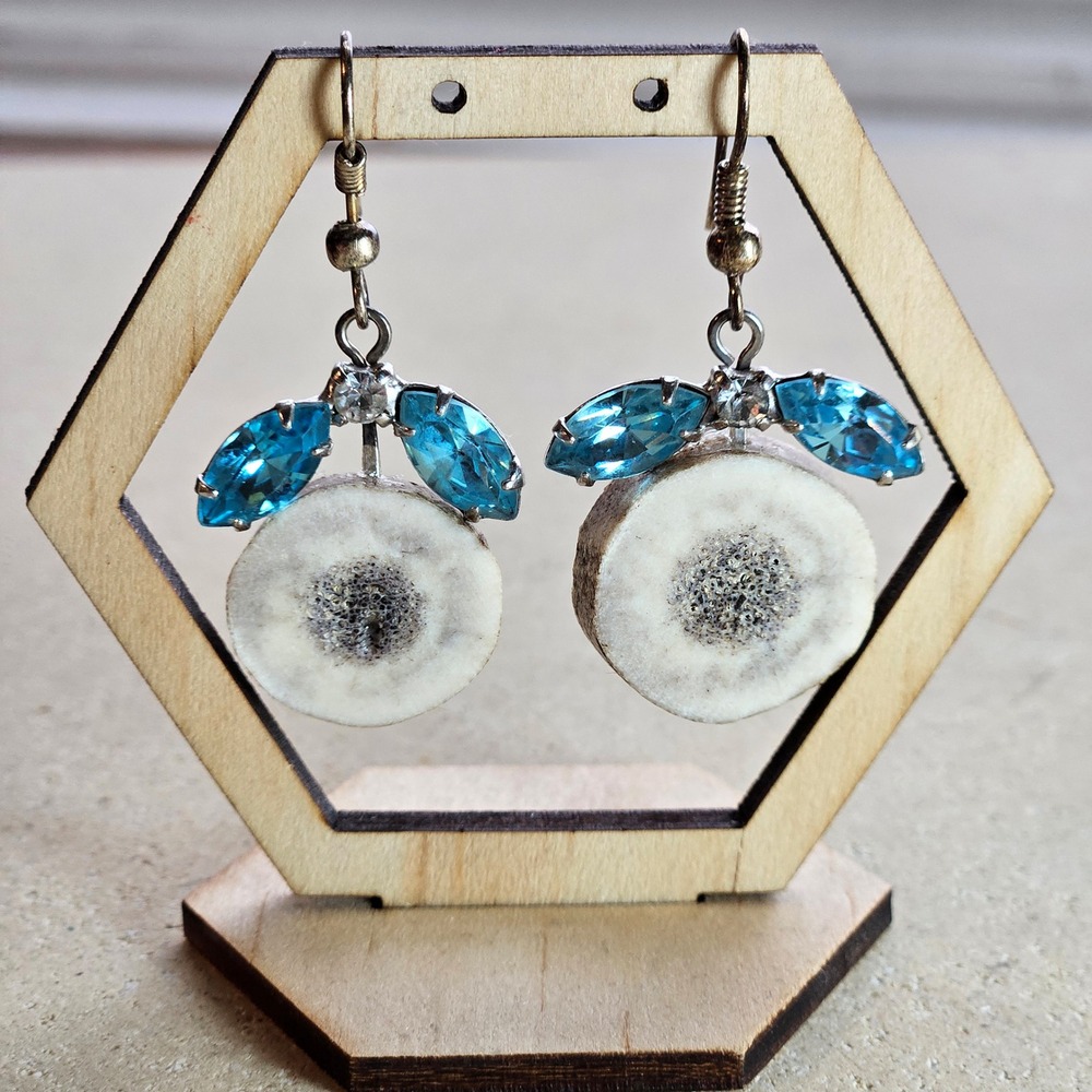 Handmade Deer Antler Slice Drop Earrings Blue‎ Crystal Rhinestone Cowgirl Boho